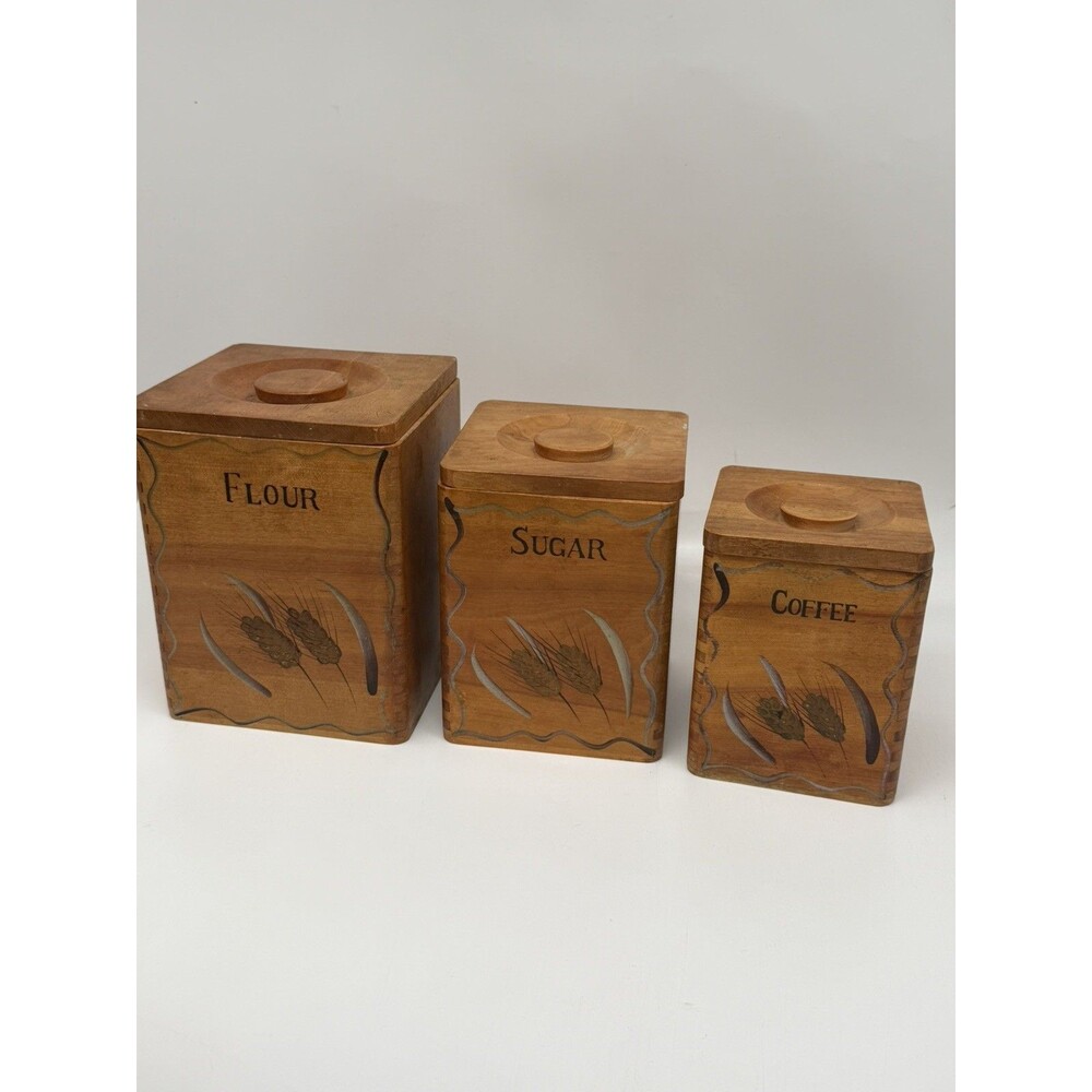Vintage Wood Canisters SET OF 3 Nesting Natural Wood-Hand-Painted Wheat  Japan